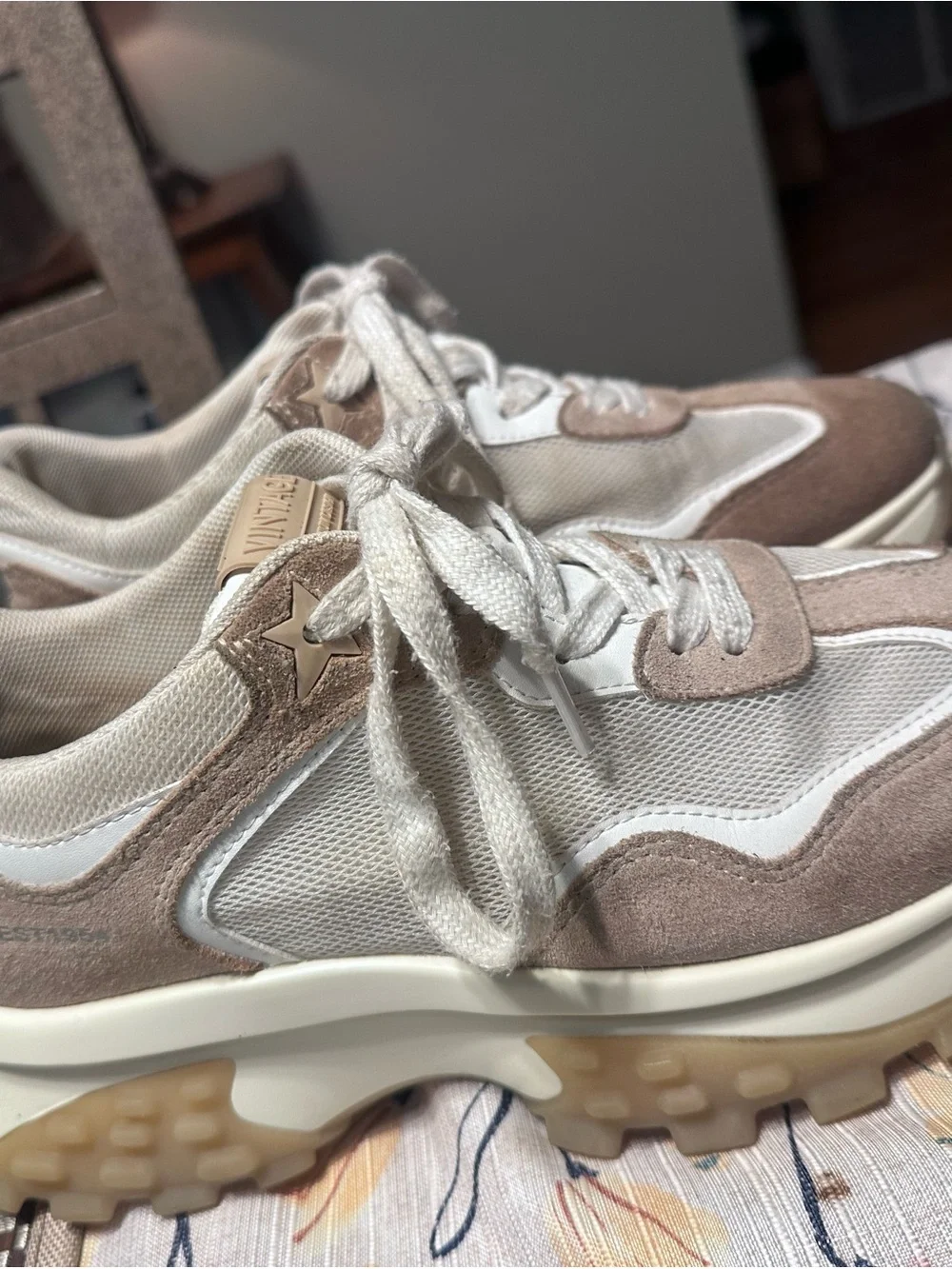 Vintage Havana Beige and White Women's Athletic Sneakers